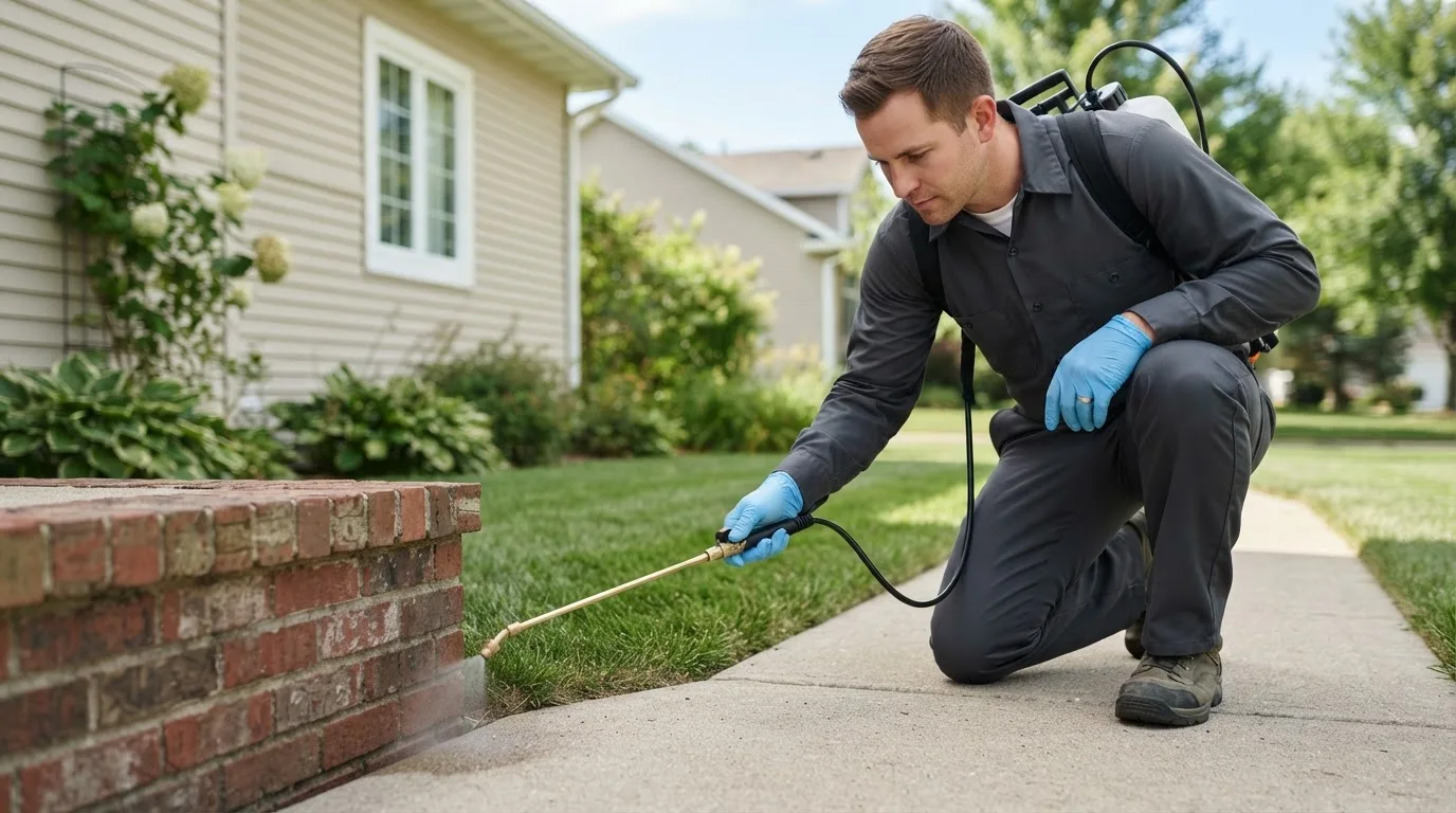 Pest control technician treating a home near Yoakum, TX